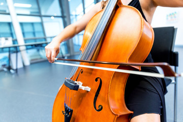 Close up of cello with bow in hands © Sergey Nivens