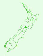 Green color New Zealand map with lines of different regions on light background vector illustration