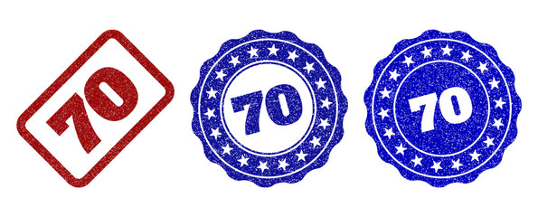 70 grunge stamp seals in red and blue colors. Vector 70 overlays with grunge surface. Graphic elements are rounded rectangles, rosettes, circles and text labels. Designed for rubber stamp imitations.