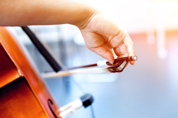 Close up of cello with bow in hands © Sergey Nivens