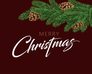 Merry Christmas festive greeting card with green fir branch with cones.