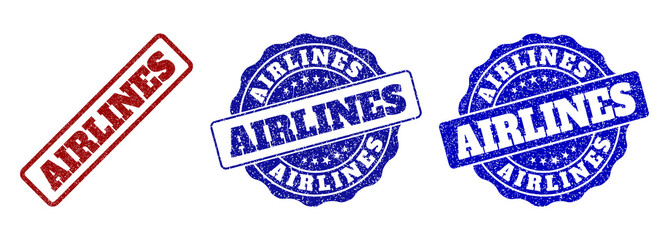AIRLINES scratched stamp seals in red and blue colors. Vector AIRLINES watermarks with grainy surface. Graphic elements are rounded rectangles, rosettes, circles and text tags.