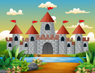 Naklejka premium Cartoon of fairy tale castle with beautiful landscape