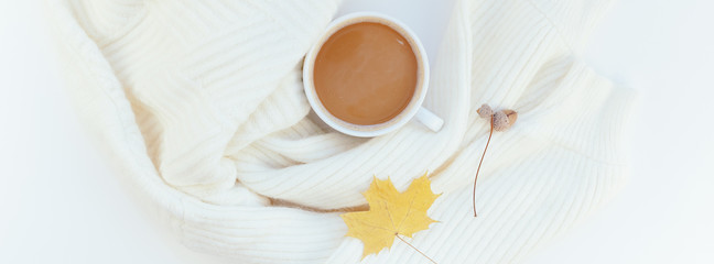 Cozy white warm sweater and Coffee Cup Autumn mood