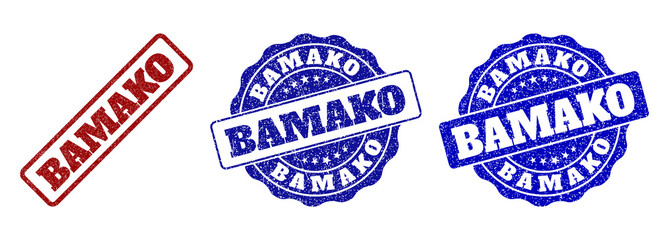 BAMAKO grunge stamp seals in red and blue colors. Vector BAMAKO labels with distress effect. Graphic elements are rounded rectangles, rosettes, circles and text titles.