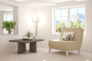 Idea of white room with armchair and summer landscape in window. Scandinavian interior design. 3D illustration