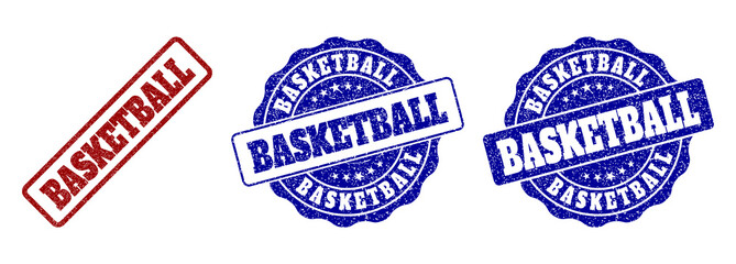 BASKETBALL grunge stamp seals in red and blue colors. Vector BASKETBALL overlays with grunge style. Graphic elements are rounded rectangles, rosettes, circles and text captions.
