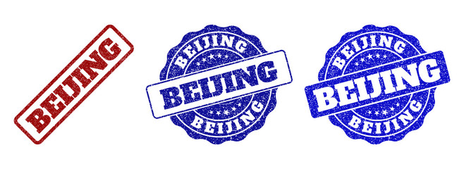 BEIJING grunge stamp seals in red and blue colors. Vector BEIJING watermarks with distress style. Graphic elements are rounded rectangles, rosettes, circles and text tags.