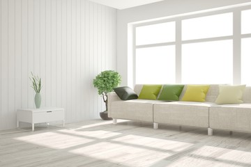 Idea of white minimalist room with sofa. Scandinavian interior design. 3D illustration