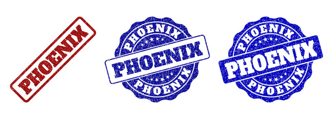 PHOENIX scratched stamp seals in red and blue colors. Vector PHOENIX marks with distress effect. Graphic elements are rounded rectangles, rosettes, circles and text tags.