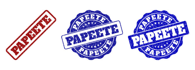 PAPEETE grunge stamp seals in red and blue colors. Vector PAPEETE labels with draft texture. Graphic elements are rounded rectangles, rosettes, circles and text labels.