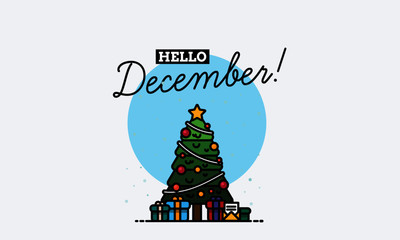 Fototapeta premium Hello December with Christmas Tree Illustration 