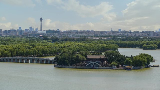 Timelapse. Beijing Landmark, The Summer Palace with Boats and Clouds,China