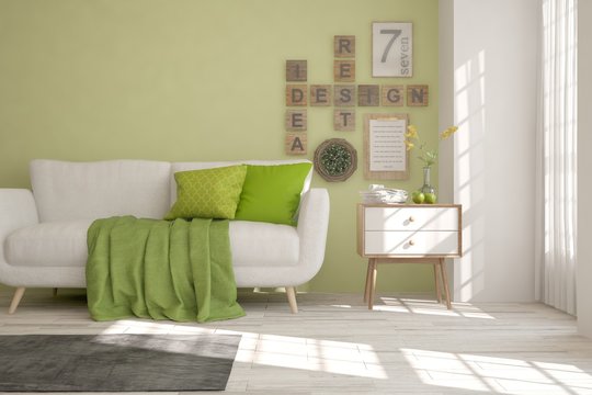 Idea of white minimalist room with green sofa. Scandinavian interior design. 3D illustration