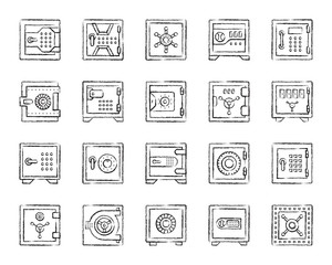 Safe bank cell charcoal draw line icons vector set