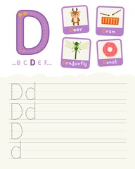 Fototapeta na wymiar Handwriting practice sheet. Basic writing. Educational game for children. Learning the letters of the English alphabet. Cards with objects. Letter D.