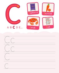 Handwriting practice sheet. Basic writing. Educational game for children. Learning the letters of the English alphabet. Cards with objects. Letter C.