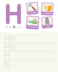 Handwriting practice sheet. Basic writing. Educational game for children. Learning the letters of the English alphabet. Cards with objects. Letter H