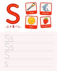 Handwriting practice sheet. Basic writing. Educational game for children. Learning the letters of the English alphabet. Cards with objects. Letter S.