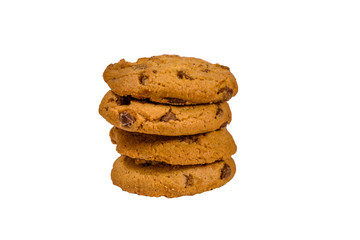 Fresh chocolate chip cookies isolated on white background