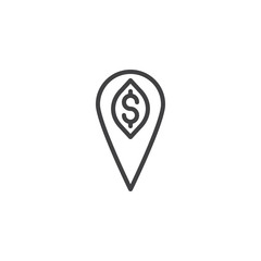 Money location pin outline icon. linear style sign for mobile concept and web design. Dollar map marker simple line vector icon. Symbol, logo illustration. Pixel perfect vector graphics
