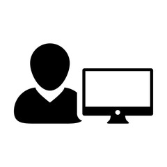 Staff icon vector male person user with computer monitor screen avatar in flat color in Glyph Pictogram Symbol illustration