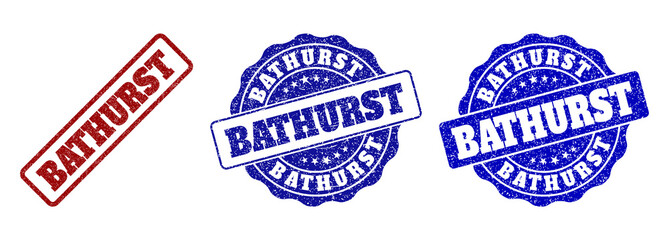BATHURST scratched stamp seals in red and blue colors. Vector BATHURST labels with scratced surface. Graphic elements are rounded rectangles, rosettes, circles and text labels.