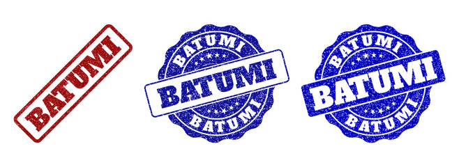 BATUMI grunge stamp seals in red and blue colors. Vector BATUMI marks with grunge surface. Graphic elements are rounded rectangles, rosettes, circles and text titles.