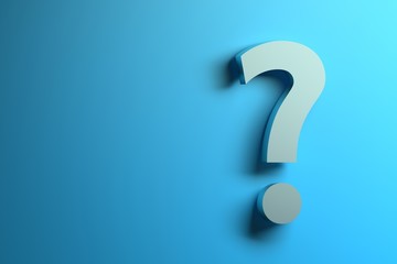 Single white question mark on the blue background with copy blank space. 3d illustration.