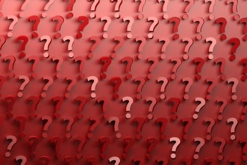 Pattern with many randomly arranged red question marks on red background. Image with copy blank space. 3d illustration.