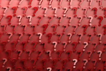 Obraz premium Pattern with many randomly arranged red question marks on red background. Image with copy blank space. 3d illustration.