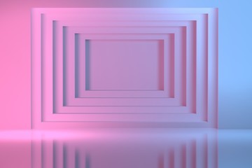 Light blue and pink geometric square tunnel in the wall. Abstract image for presentation with copy blank space in the center. 3d illustration.