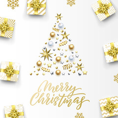 Fototapeta na wymiar Merry Christmas golden greeting card, Xmas tree gold gifts and calligraphy text. Vector golden snowflakes, stars confetti on silver sparkling decorations background