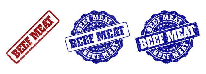 BEEF MEAT grunge stamp seals in red and blue colors. Vector BEEF MEAT imprints with grunge effect. Graphic elements are rounded rectangles, rosettes, circles and text captions.