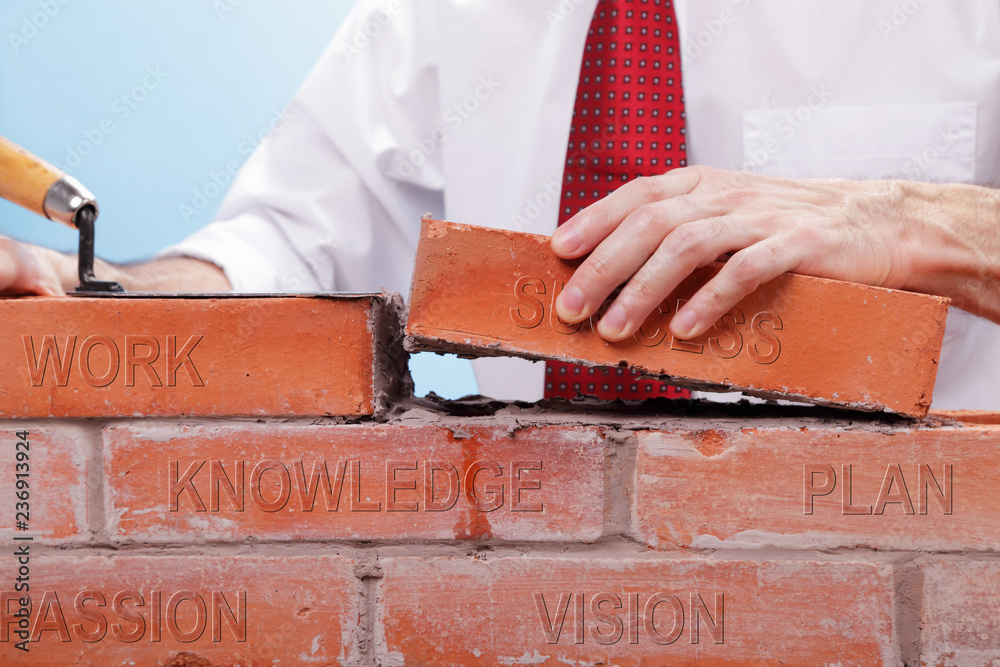 Wall mural businessman building a wall with bricks that have differents concepts printed on them. concept for b