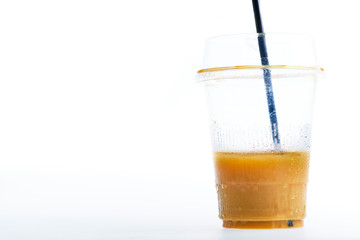 Coffee left in the plastic glass after drinking. On white background. Have copy space with clipping path.