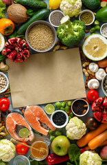 Paper bag healthy food cereals seeds fish vegetables fruits Top view Flat lay
