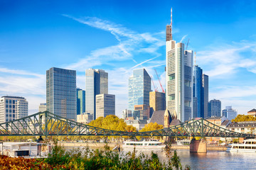 Fototapeta na wymiar Skyline cityscape of Frankfurt, Germany during sunny day. Frankfurt Main in a financial capital of Europe.