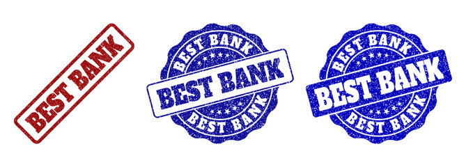 BEST BANK scratched stamp seals in red and blue colors. Vector BEST BANK signs with dirty effect. Graphic elements are rounded rectangles, rosettes, circles and text tags.