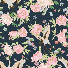 Asian pattern with storks and blooming peonies, sakura flowers and bonsai.