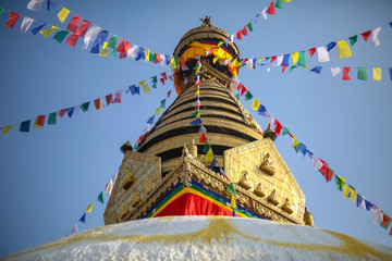 Pinnacle of Swayambahunath Stupa in Kathmandu, Nepal. A UNESCO World Heritage Site.