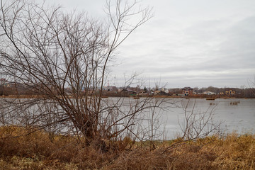 Yellow landscape in autumn cloudy day with yellow grass, a lake and a village on the other side
