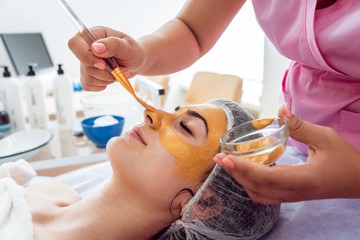 Obraz na płótnie Canvas Facial cosmetic procedure in spa salon. The procedure for applying a mask to the face of a beautiful woman