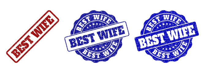 BEST WIFE scratched stamp seals in red and blue colors. Vector BEST WIFE marks with draft effect. Graphic elements are rounded rectangles, rosettes, circles and text tags.