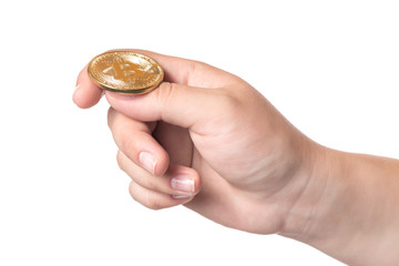Female hand holding bitcoin symbol of crypto currency electronic virtual money for web banking and international network payment. Isolated on white