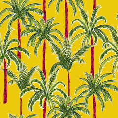 Fototapeta na wymiar Bright and trendy summer palm trees on the stylish vivid yellow forest background. Vector seamless pattern.
