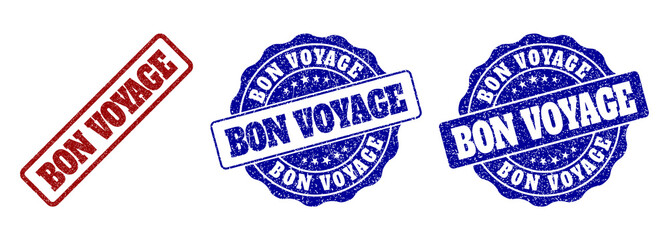 BON VOYAGE grunge stamp seals in red and blue colors. Vector BON VOYAGE marks with grunge style. Graphic elements are rounded rectangles, rosettes, circles and text captions.