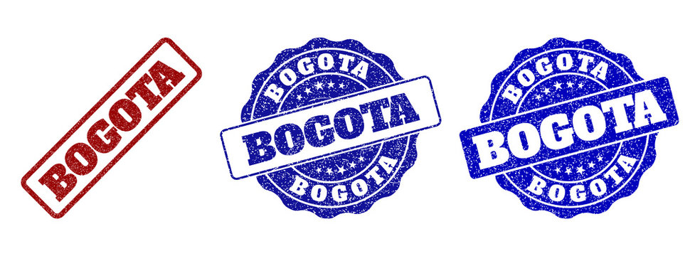 BOGOTA scratched stamp seals in red and blue colors. Vector BOGOTA labels with draft texture. Graphic elements are rounded rectangles, rosettes, circles and text labels.