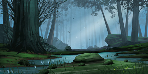 Natural Forest Park. Fiction Backdrop. Concept Art. Realistic Illustration. Video Game Digital CG Artwork. Nature Scenery.
