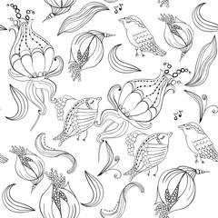 Pattern abstract flowers and birds. Hand drawn line art. White and black illustration